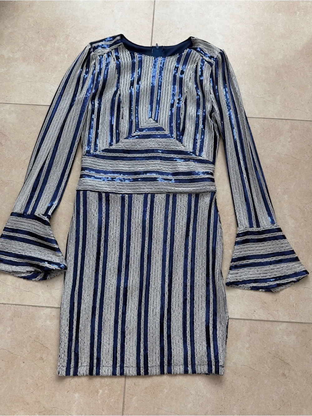 Striped Navy and Silver Long-Sleeve Dress
